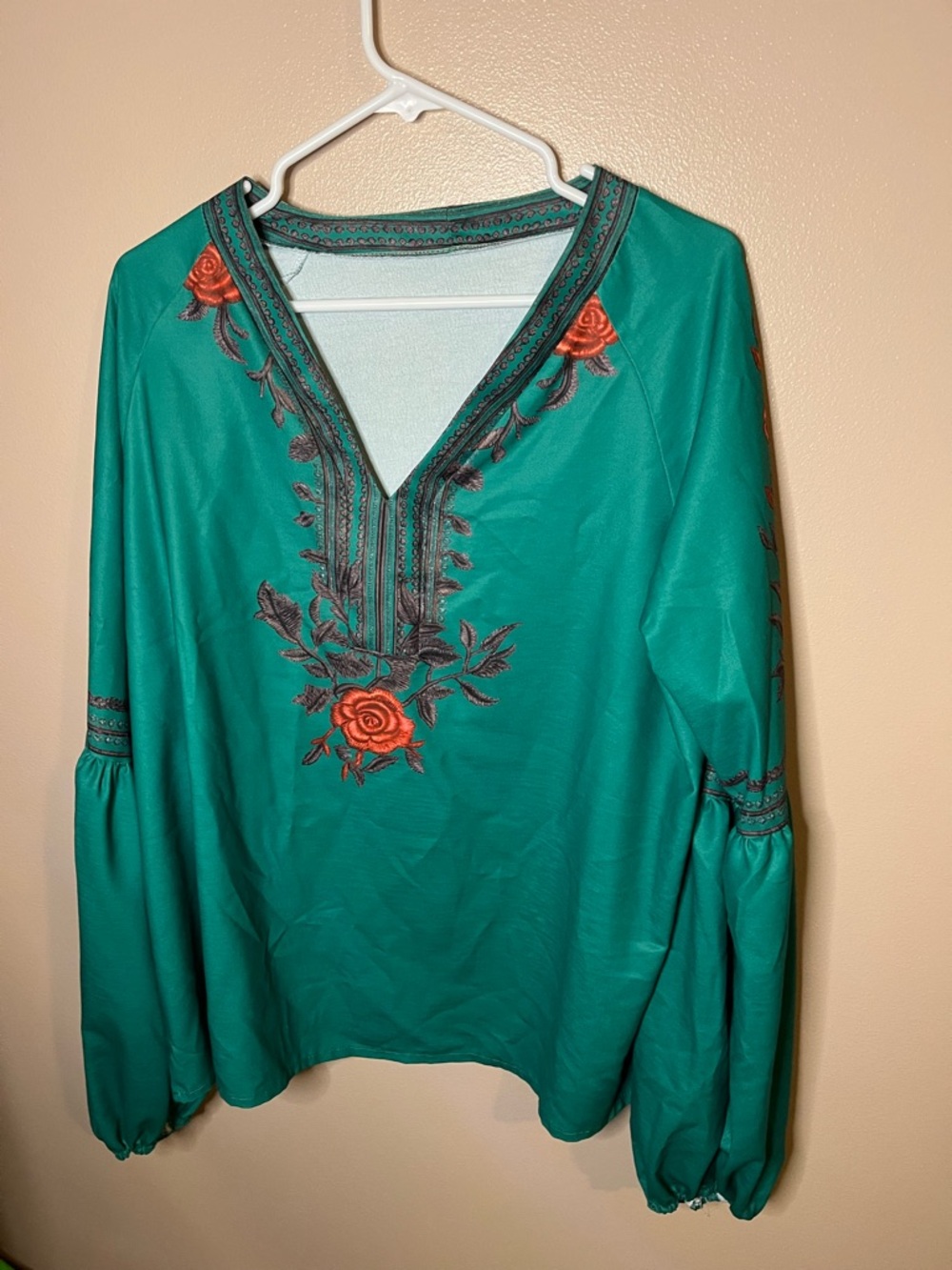 Source Unknown Teal Embroidered V-Neck Blouse with Orange Rose Accents NWOT